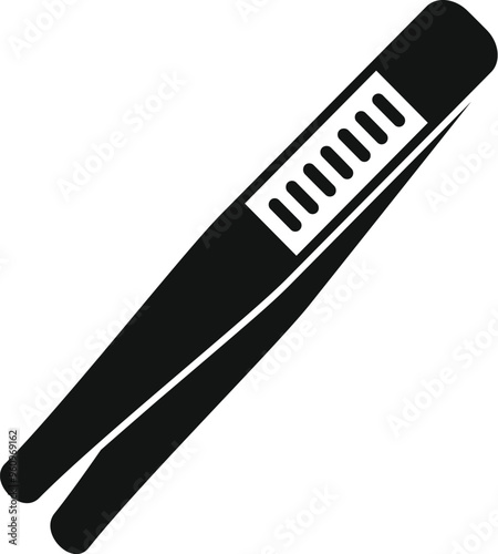 Black simple tweezers with stripes on the upper side lying diagonally on a white background