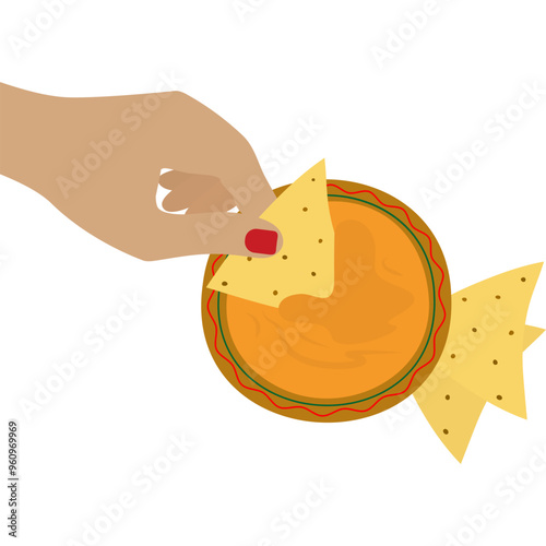 Woman hand dipping corn nachos in cheese sauce Traditional Mexican snack. Top view Crop Isolated