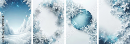 Christmas Cover Set with Crystal Snowflake Frames and Snow-Covered Forest Trees. Magical Atmosphere Design Template for Festival Invitations and Greetings