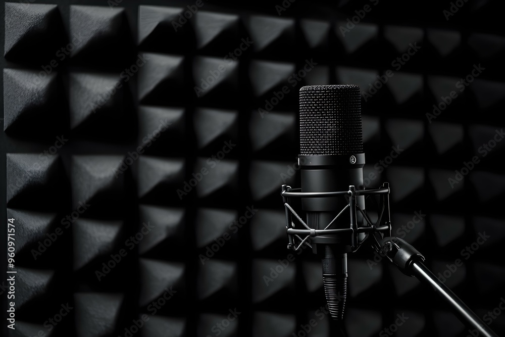 Professional microphone set against a black soundproof panel background Recording studio copy space Professional microphone set against a black soundproof panel background Recording studio copy space