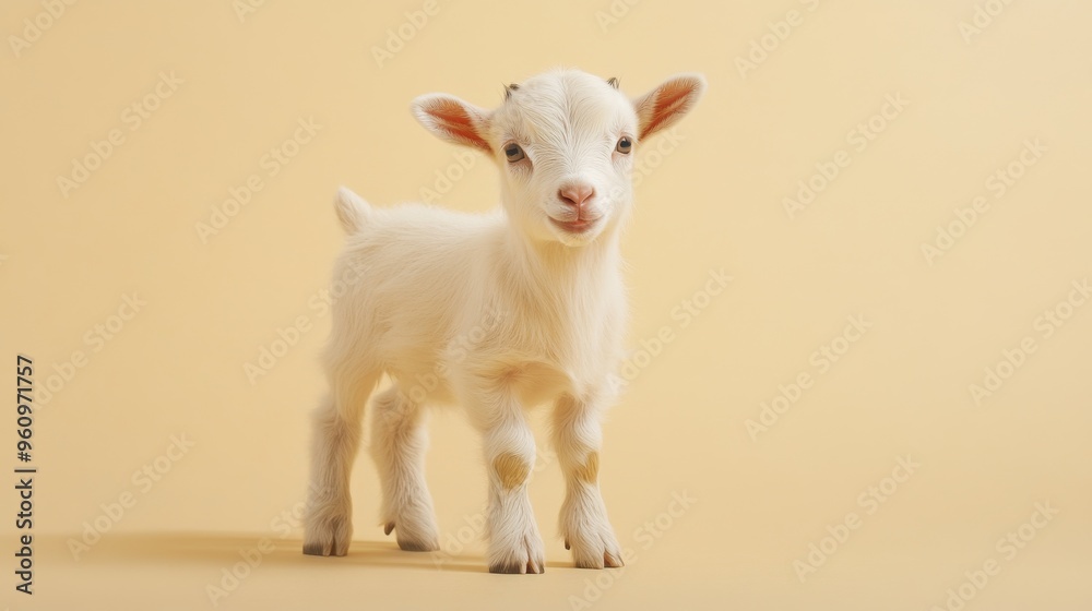 Adorable Baby Goat Standing in Gentle Lighting on Beige Background - Close-Up Shot of Cute Farm Animal Adorable Baby Goat Standing in Gentle Lighting on Beige Background - Close-Up Shot of Cute Farm Animal