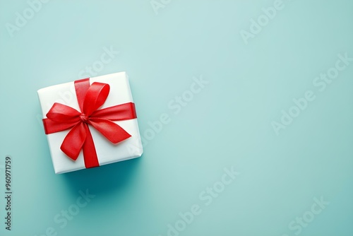 Valentine s Day and Mother s Day art design concept for promotion a red and white wrapped gift box isolated on a pastel light blue background flat lay top view. Copy space image