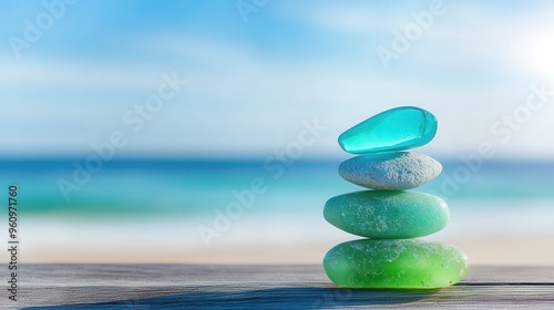 A serene stack of colorful sea glass stones balanced by the beach, symbolizing tranquility and harmony in nature.