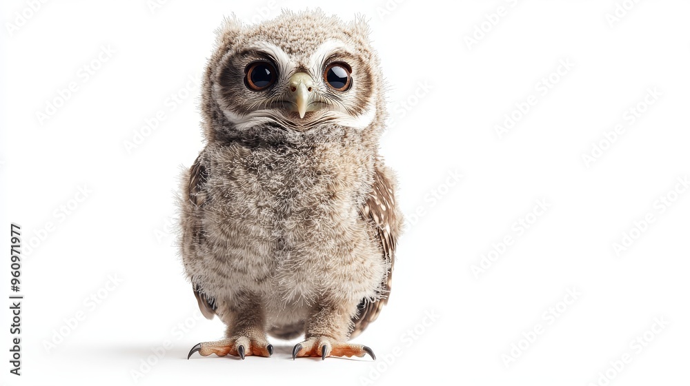Fototapeta premium Adorable Baby Owl Perched on Branch Against White Background with Soft Shadows - Cute Wildlife Concept
