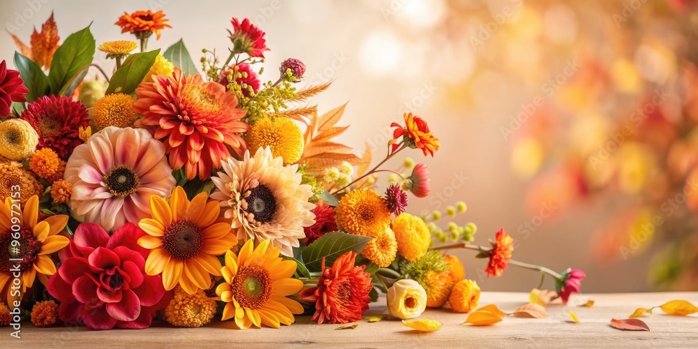 Autumn floral composition with beautiful flowers on light backdrop, autumn, flowers, floristic, decoration, natural