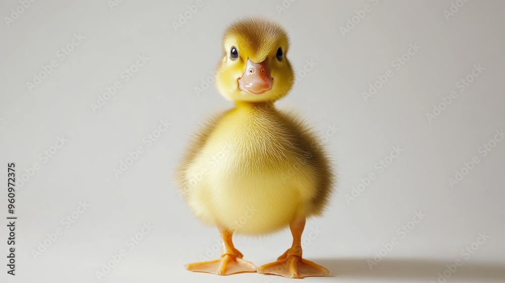 Adorable Baby Duckling with Yellow Feathers Standing Alone on White Background under Soft Light Adorable Baby Duckling with Yellow Feathers Standing Alone on White Background under Soft Light