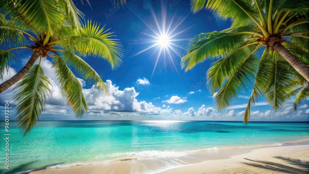 Sun shining over a tropical beach with palm trees and turquoise water, Sun, shining, tropical, beach, palm trees, turquoise Sun shining over a tropical beach with palm trees and turquoise water, Sun, shining, tropical, beach, palm trees, turquoise