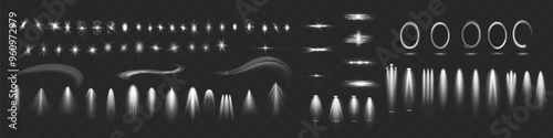 Light effect set. Glow isolated white transparent light effect set, lens flare, explosion, glitter, dust, line, sun flash, spark and stars, spotlight, curve twirl. Sunlight, abstract special effect.