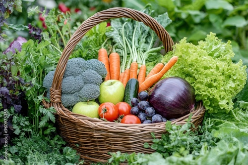 A wicker basket filled with fresh vegetables and fruits, including broccoli, carrots, tomatoes, lettuce, grapes, apples, onions, and cabbage, arranged in a lush outdoor garden setting, ai