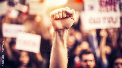 Raised Fist in Air Symbolizing Unity and Protest Demonstration