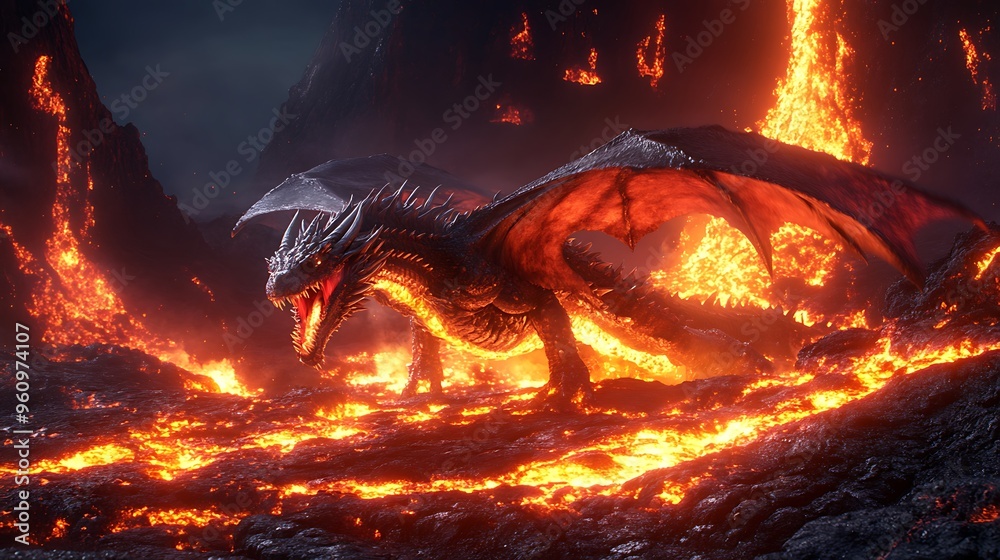 Naklejka premium Majestic Dragon Rising from Volcano with Molten Lava - Fantasy Creature in Fiery Landscape