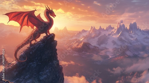 Majestic Ancient Dragon Overlooking Dawn-Lit Landscape from Mountain Peak