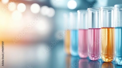 Colorful test tubes filled with liquids stand in a lab, reflecting scientific research and experimentation in bright lighting.