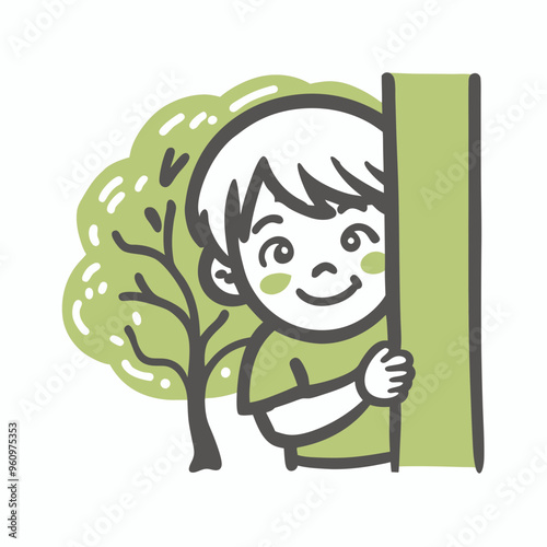Smiling child playfully hiding behind a tree in a cheerful outdoor illustration
