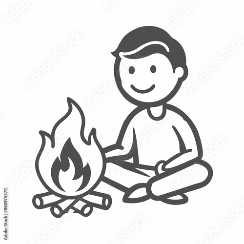 Happy child sitting by a campfire, enjoying the warmth in a cozy outdoor illustration