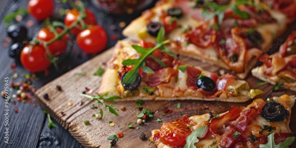 Slices of pizza garnished with bacon, olives, and tomatoes on a wooden cutting board. Slices of pizza garnished with bacon, olives, and tomatoes on a wooden cutting board.