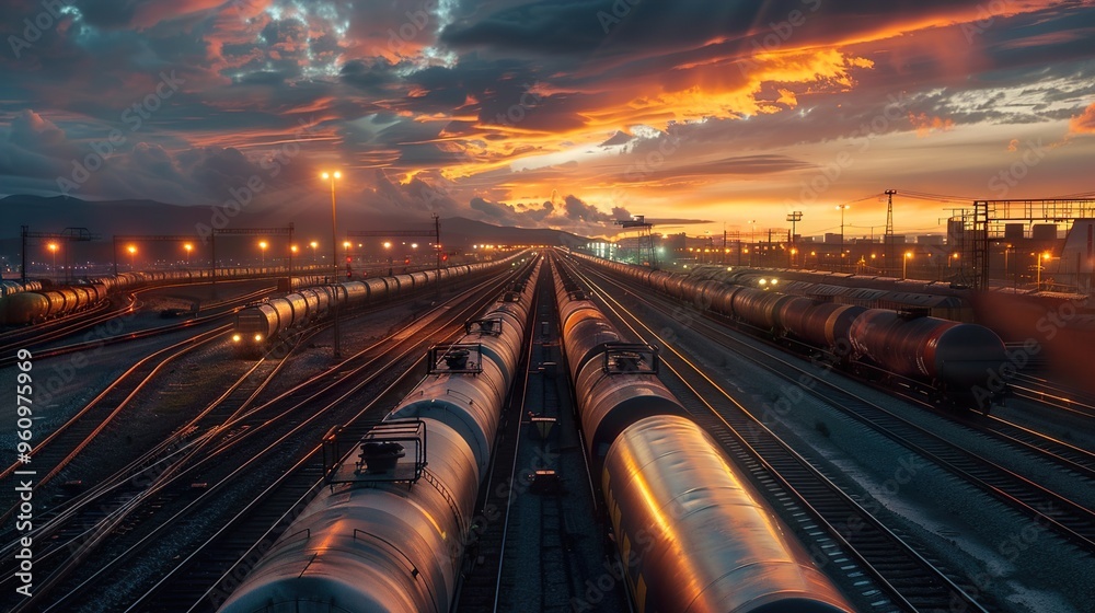 Obraz premium Train tracks leading into the distance with a fiery sunset sky above.