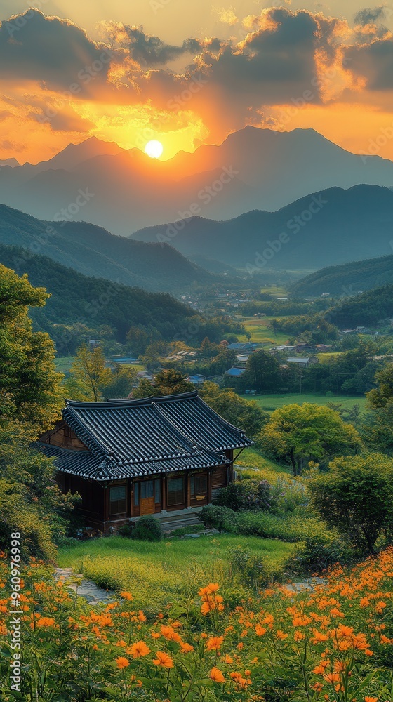 Scenic view of a serene landscape featuring mountains, a traditional house, and a stunning sunset filled with vibrant colors. Scenic view of a serene landscape featuring mountains, a traditional house, and a stunning sunset filled with vibrant colors.