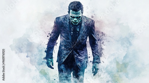 Abstract Watercolor Illustration of a Menacing Character in a Suit with a Distorted Face