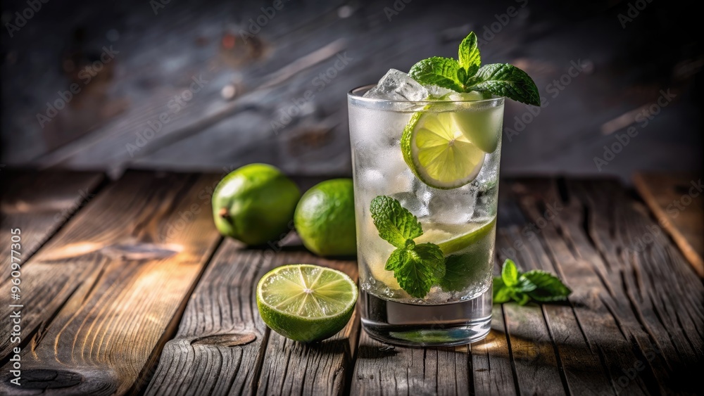 Refreshing mojito cocktail with lime slice on a rustic wooden table, summer, drink, alcohol, beverage, mint, ice, cold, rum Refreshing mojito cocktail with lime slice on a rustic wooden table, summer, drink, alcohol, beverage, mint, ice, cold, rum