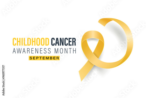 Childhood Cancer Awareness Month Banner, September. Card or Placard with Realistic 3D Vector Gold Yellow Ribbon on White Background. Childhood Cancer Awareness Symbol. World Childhood Cancer Day