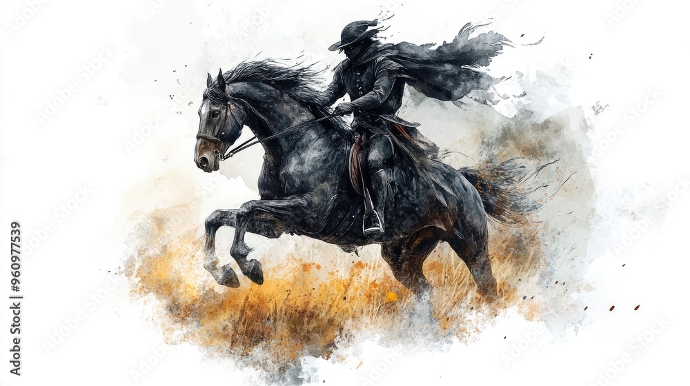 Obraz premium Dynamic Digital Art of a Lone Rider on a Galloping Horse in a Dramatic Landscape