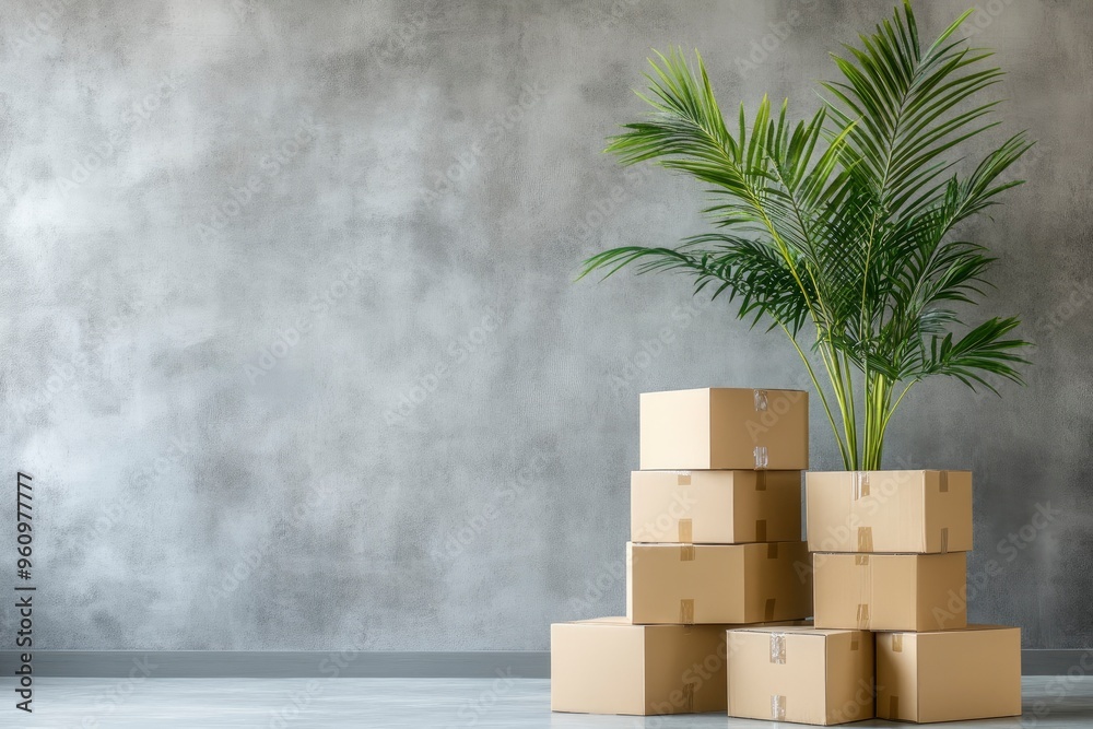 Interior of clean modern light living room with stacked cardboard boxes and green plant standing by wall in new house or apartment with no people. Moving, relocation, removal, transportation , ai Interior of clean modern light living room with stacked cardboard boxes and green plant standing by wall in new house or apartment with no people. Moving, relocation, removal, transportation , ai