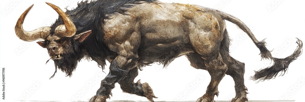 Obraz premium Majestic Minotaur Illustration - Mythical Creature with Powerful Stance and Detailed Features
