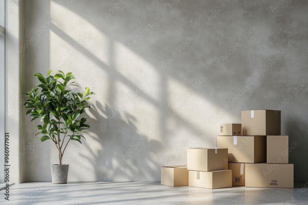 Interior of clean modern light living room with stacked cardboard boxes and green plant standing by wall in new house or apartment with no people. Moving, relocation, removal, transportation , ai Interior of clean modern light living room with stacked cardboard boxes and green plant standing by wall in new house or apartment with no people. Moving, relocation, removal, transportation , ai