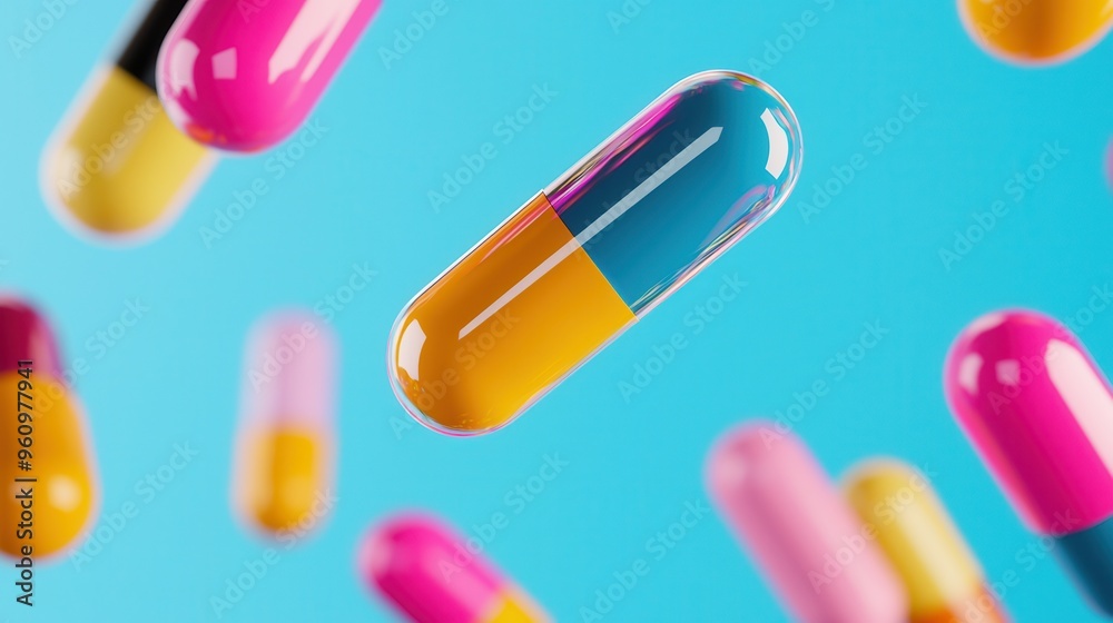 Vibrant capsules floating in air, showcasing a modern approach to health and pharmaceuticals with bright colors on a blue background. Vibrant capsules floating in air, showcasing a modern approach to health and pharmaceuticals with bright colors on a blue background.