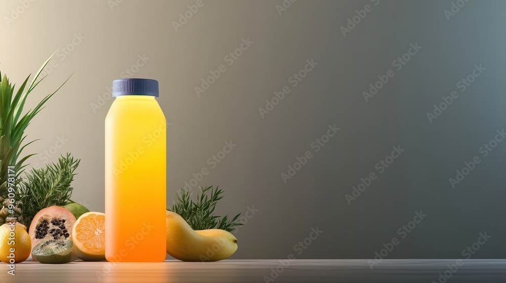 Vibrant orange juice in a bottle, surrounded by fresh fruits on a stylish backdrop, perfect for healthy lifestyle themes. Vibrant orange juice in a bottle, surrounded by fresh fruits on a stylish backdrop, perfect for healthy lifestyle themes.