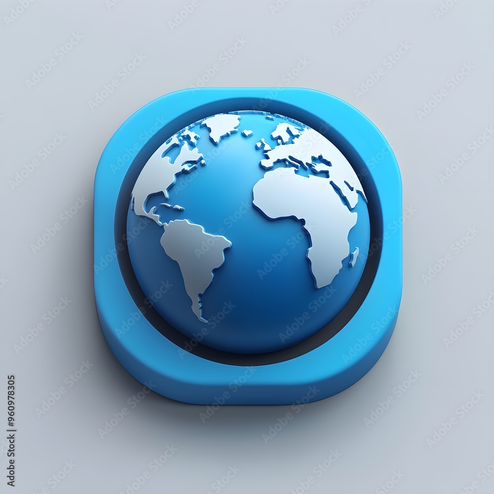 Blue Globe Icon - 3D Render, World Map, Technology