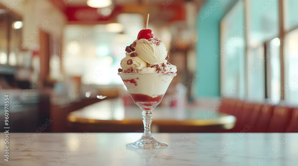 Delicious ice cream served in a glass in a cozy café with a relaxed atmosphere
 seamless looping 4k time-lapse virtual video animation background. generated ai