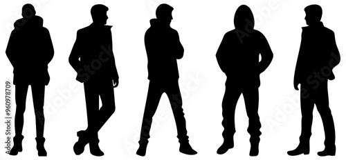 Set of silhouettes of men in warm clothes on a transparent background