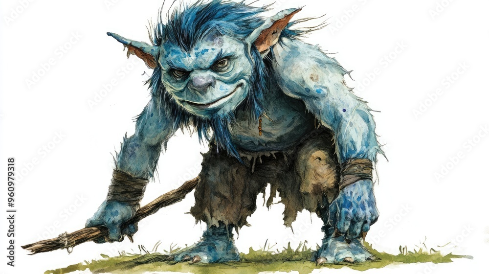 Fototapeta premium Fantasy Blue Troll with Stick in Hand, Standing on Grass, Detailed Illustration