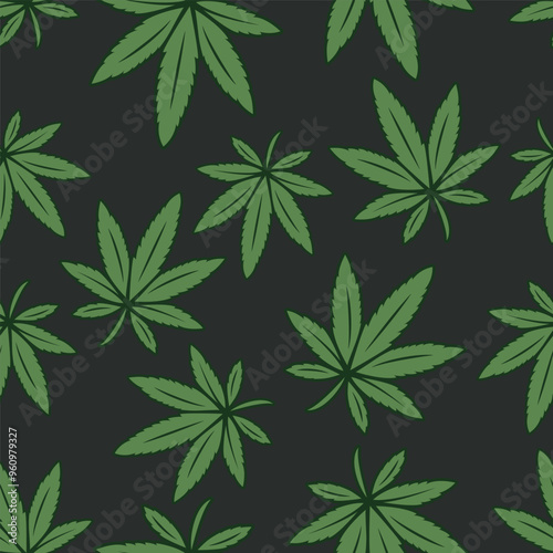 Vector Seamless Pattern with Flat Cannabis Leaves. Hemp, Cannabis Green Leaf on Black Background. Seamless Print with Medical Marijuana. Vector Illustration