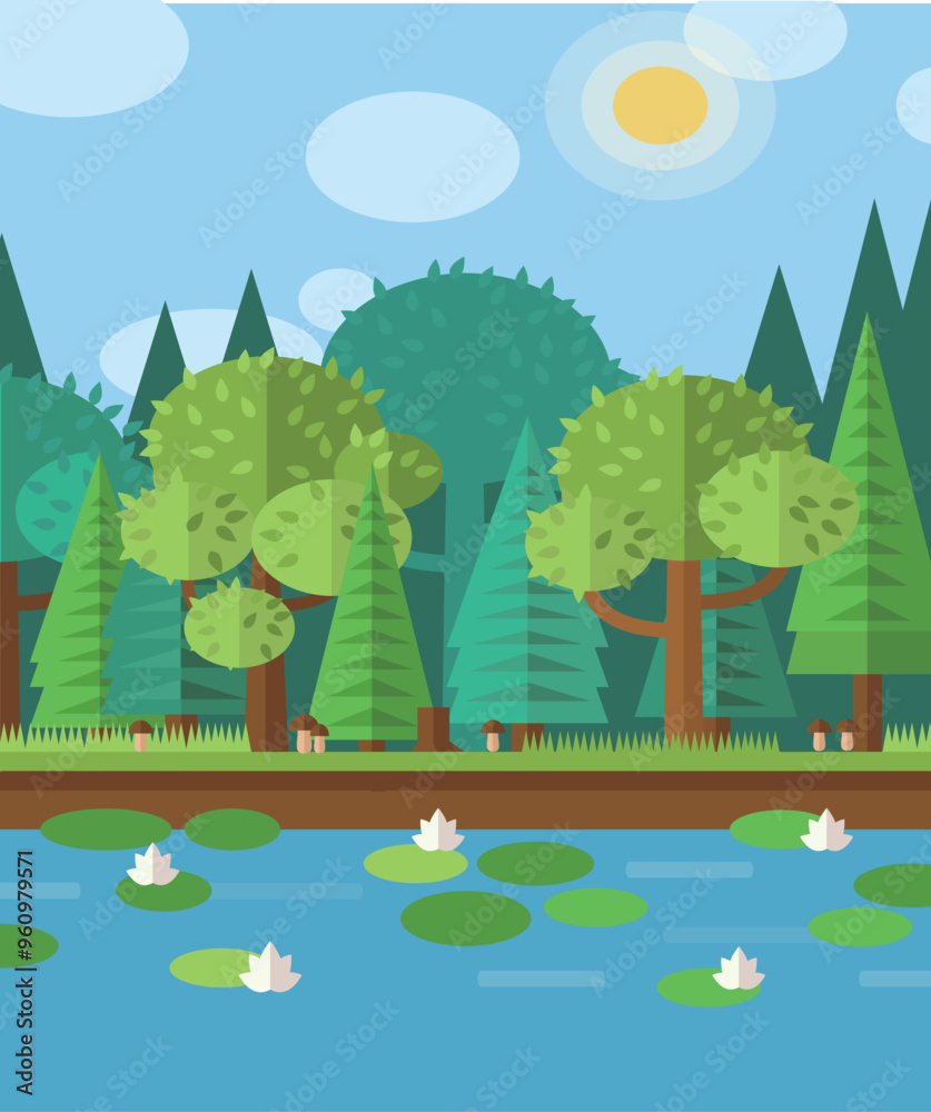 Obraz premium There are dense trees beside the pond and lotus in the water. Vector illustration
