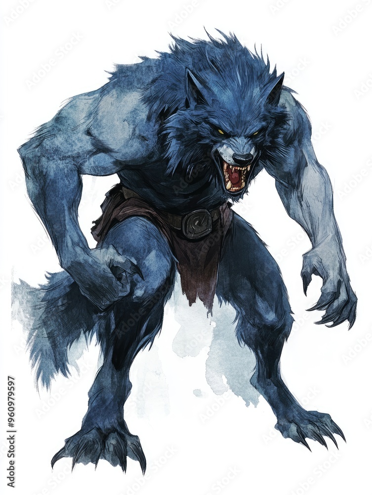 Ferocious Blue Werewolf Illustration with Sharp Claws and Fierce Expression on White Background Ferocious Blue Werewolf Illustration with Sharp Claws and Fierce Expression on White Background