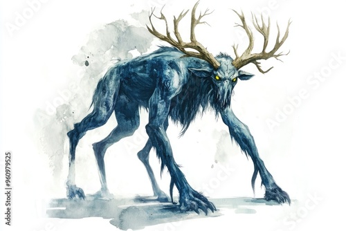 Mystical Blue Creature with Antlers in Watercolor Style - Fantasy Art Illustration photo