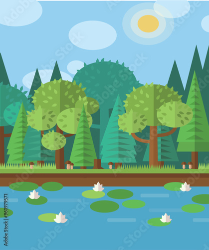 There are dense trees beside the pond and lotus in the water. Vector illustration