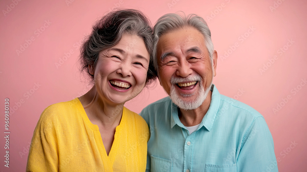 Happy senior Asian couple, portrait and hug in the studio with pastel pink background Happy senior Asian couple, portrait and hug in the studio with pastel pink background