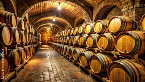 Wine barrels stacked in a rustic winery cellar, winery, wine, barrels, cellar, stacked, old, storage, vintage