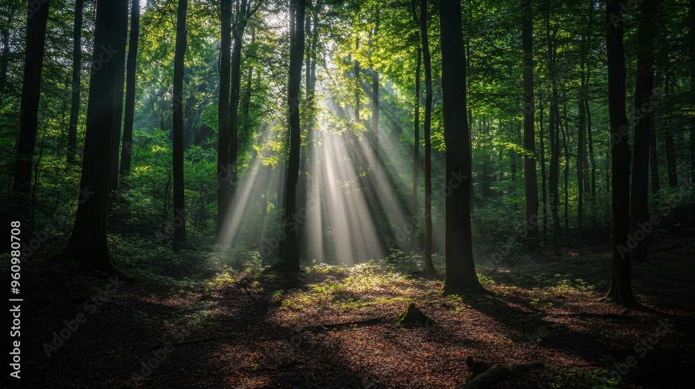 Fototapeta premium A beam of sunlight filtering through a dense forest, casting soft shadows on the ground.