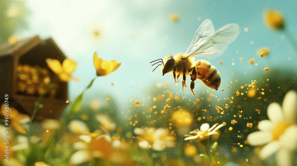 A bee flying towards a hive, loaded with pollen collected from nearby flowers. A bee flying towards a hive, loaded with pollen collected from nearby flowers.