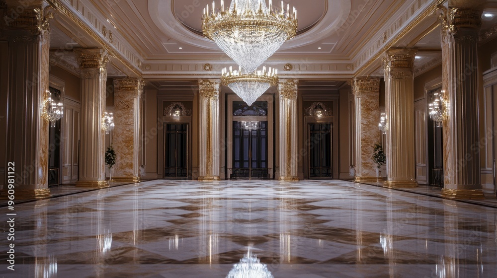 Fototapeta premium A chandelier in a grand hall, its light reflecting off polished marble floors.
