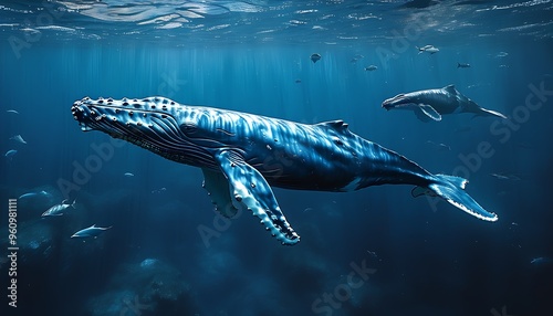 In the dark blue water, an elegant blue whale swims, and other marine life can be vaguely seen around it, creating a mysterious and peaceful ocean atmosphere.