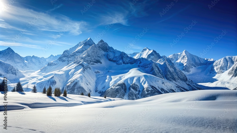 Fototapeta premium Snow-covered high mountain landscape with a blanket of snow and a clear blue sky