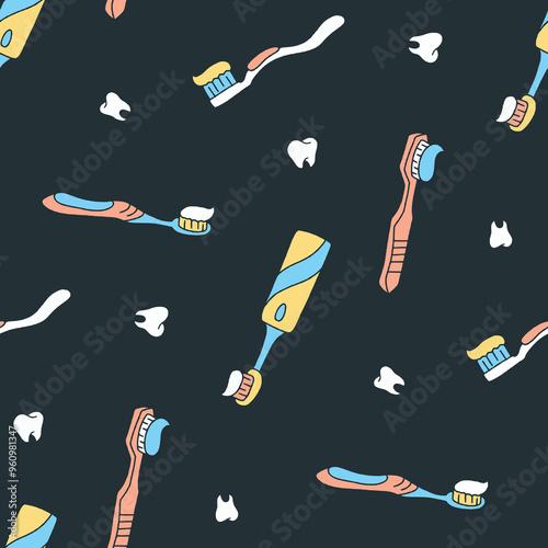 Toothbrush Paste Tooth Vector Seamless Pattern illustration for Print, Wallpaper, Decoration.