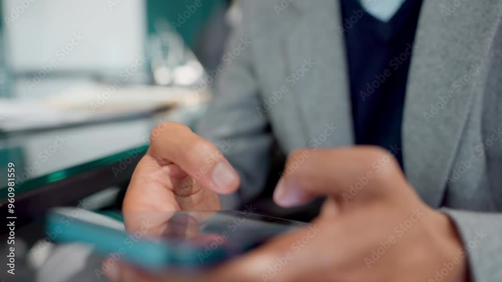 Hands, mobile app or businessman texting with online connection for message, social media or chat. Finance consultant, job or closeup of financial advisor typing on smartphone for schedule or update Hands, mobile app or businessman texting with online connection for message, social media or chat. Finance consultant, job or closeup of financial advisor typing on smartphone for schedule or update