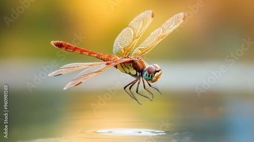 A close-up of a dragonfly wings, captured in mid-flight above a calm lake. photo